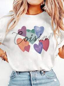 YOCASA Women's Casual Summer T-Shirt, Round Neck, Fitted Short Sleeve, With Oil Painting Print, Floral, Heart, Cherry And Letter Patterns. Simple Casual Fabric, Sporty Style, Ideal For Everyday Wear And Valentine's Day Dates. - 白色-YH401 - 查看 9