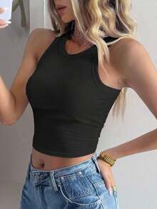 Camiseta de tirantes ajustada de unicolor para mujer, uso diario minimalista y casual - Negro 2 - Ver 3