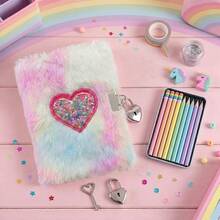 4pcs A5 Plush Heart-Shaped Lockable Notebook Gift Set, Suitable For Writing, Drawing, Travel Diary, Children & Teenagers Birthday, Back To School - Multicolor - View 2
