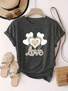 La salvajedad y la delicadeza coexisten, camiseta de mujer de manga corta con estampado de globos en forma de corazón en negro y estampado de leopardo, de moda, cuello redondo simple, casual y versátil, adecuada para viajes de ocio y otras actividades 13419 Transpirable y cómoda. - Figura predeterminada 3 - Ver 4