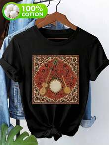 Women's Casual Summer Top. Outdoor-Themed Print Adorned With Persian Musical Instrument Patterns. Stylish Design. Short-Sleeved Crew Neck T-Shirt Made Of Soft And Comfortable Pure Cotton. Suitable For Lounging At Home, Everyday Wear, And Outdoor Activities. - 黑色 - 查看 1