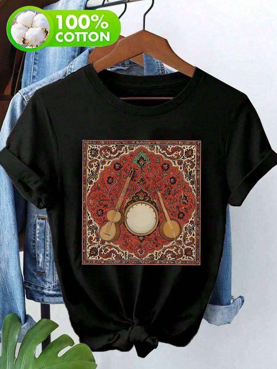 Women's Casual Summer Top. Outdoor-Themed Print Adorned With Persian Musical Instrument Patterns. Stylish Design. Short-Sleeved Crew Neck T-Shirt Made Of Soft And Comfortable Pure Cotton. Suitable For Lounging At Home, Everyday Wear, And Outdoor Activities. - 黑色 - 查看 1