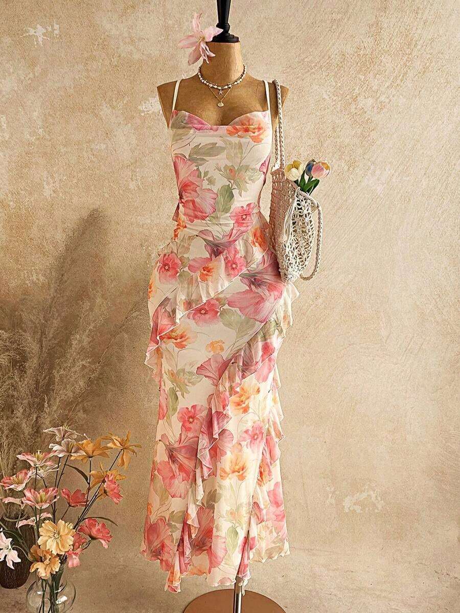 Vestido de verano/primavera casual para vacaciones, boda en la playa, invitado de boda, graduación, brunch, elegante vestido bohemio tropical con volantes, voluminoso, estampado de leopardo, diseño espalda descubierta - Multicolor 2 - Ver 1