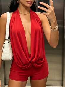 Women's Summer Club Outfits Backless Rompers Rave Date Night Twist Knot Halter Shorts Party Jumpsuits - Rojo - Ver 4