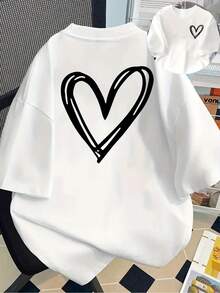 Camiseta de manga corta% algodón con estampados de corazones en la parte delantera y trasera - camiseta estampada de moda para mujer, para primavera/verano, un artículo de moda, versátil y casual, adecuado para todas las estaciones. Se puede usar como capa base en primavera y otoño o sola en verano. Estilo unisex, perfecta para amigos. Camiseta de algodón de alta calidad con un toque de marca moderno. - Blanco - Ver 1