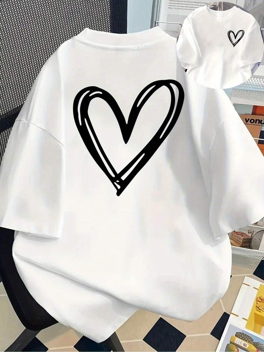 Camiseta de manga corta% algodón con estampados de corazones en la parte delantera y trasera - camiseta estampada de moda para mujer, para primavera/verano, un artículo de moda, versátil y casual, adecuado para todas las estaciones. Se puede usar como capa base en primavera y otoño o sola en verano. Estilo unisex, perfecta para amigos. Camiseta de algodón de alta calidad con un toque de marca moderno. - Blanco - Ver 1