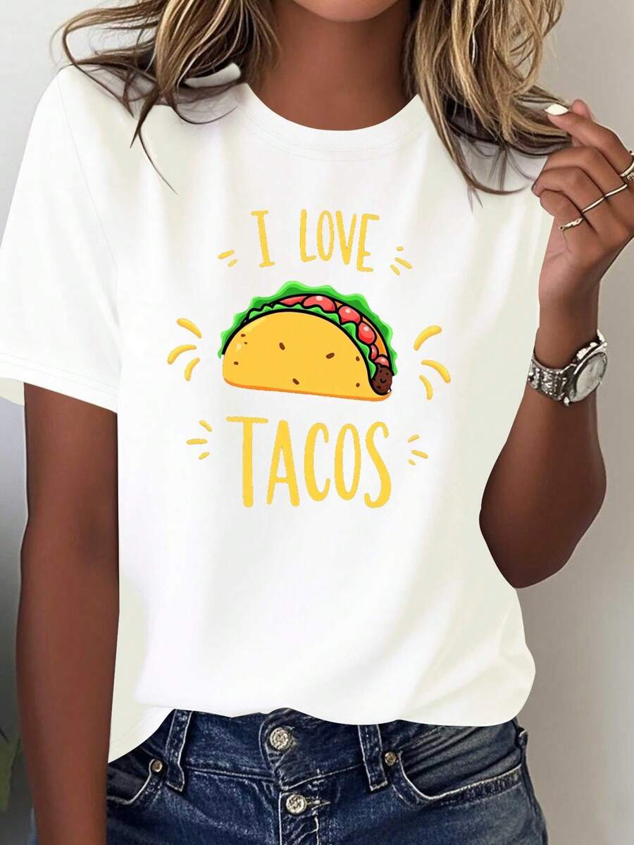 Camiseta de mujer "I Love Tacos" - Diseño mexicano, estampado de tacos y sombrero de paja, suave algodón puro, manga corta, estilo casual, diseño de letras azules y amarillas, ideal para fiestas del martes del taco, uso casual (lavable a máquina) - Divertido regalo para amantes de los tacos, blusa casual para mujer. - Blanco - Ver 1