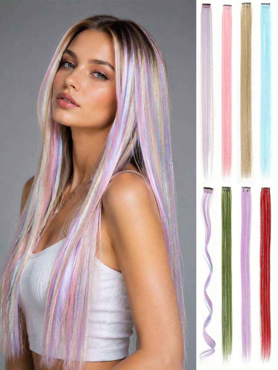 Multicolor Clip In Hair Extensions Mix Tinsels Colored Hair Extensions,2 In 1 Rainbow Hair With Silver Tinsels - 彩色 - 查看 1