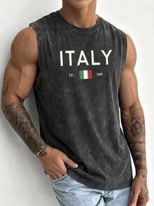 Fractyr Débardeur décontracté d'été pour hommes, style vintage lavé avec imprimé ITALIE. Débardeur ample à col rond de streetwear américain, doux au toucher - Noir - Voir 2