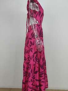 Spring Printed Evening Dress With Winged Sleeves And High Waist - Purple - View 5