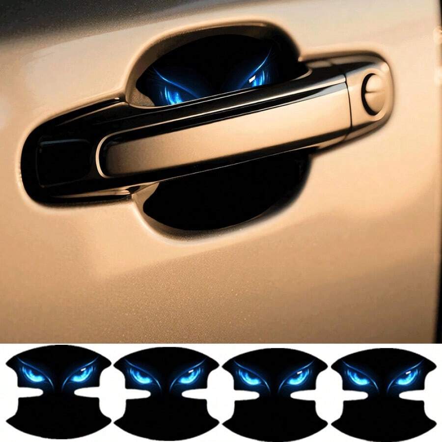 4pcs Luminous Blue Eye Pattern Car Door Handle Scratch Protector Stickers, Car Door Handle Anti-Collision Protective Stickers, Essential Car Door Handle Protectors - A - View 1