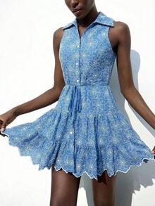 Maija Vestido camisero de mujer con bordado de flores en verde y blanco, versátil para todas las estaciones, corte relajado, elegante y cómodo, ideal para vacaciones de verano, playa, vacaciones, estilo bohemio chic. Vestidos cortos de verano para mujer, ropa de verano, vestidos de verano para mujer, ropa de verano para mujer, ropa de playa, ropa de playa bohemia, estilo de isla de vacaciones - Azul - Ver 1