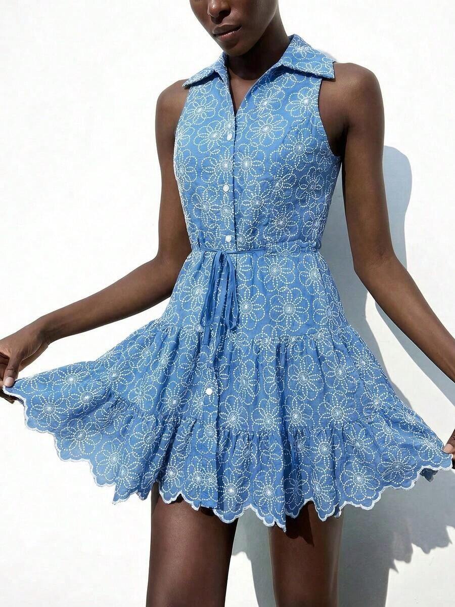 Maija Vestido camisero de mujer con bordado de flores en verde y blanco, versátil para todas las estaciones, corte relajado, elegante y cómodo, ideal para vacaciones de verano, playa, vacaciones, estilo bohemio chic. Vestidos cortos de verano para mujer, ropa de verano, vestidos de verano para mujer, ropa de verano para mujer, ropa de playa, ropa de playa bohemia, estilo de isla de vacaciones - Azul - Ver 1