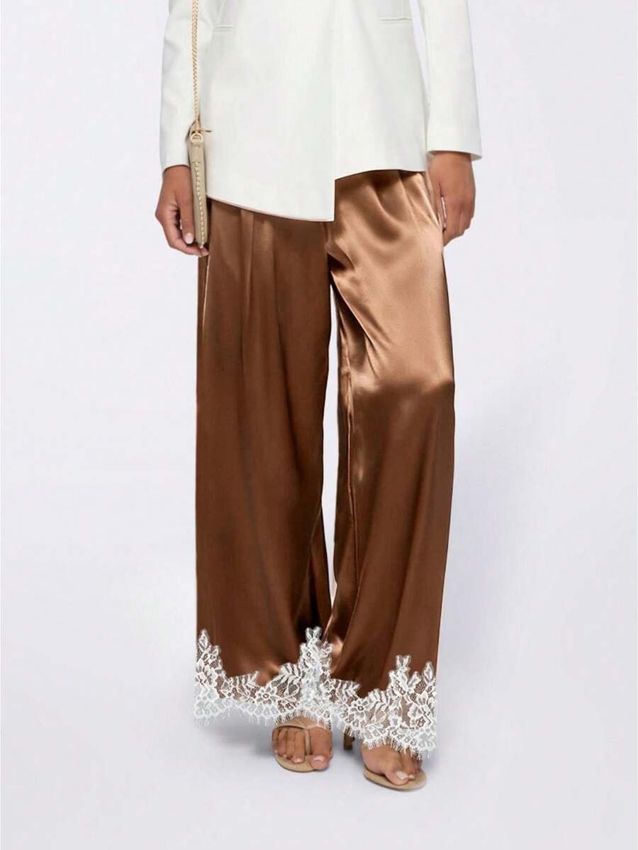 Women's Spring Summer Satin Pants Lace Trim Cuff Loose Wide Leg Trousers For Daily Wear - Coffee Brown - View 1