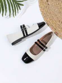 Spring & Autumn Mary Jane Shoes For Women, Uniform Small Leather Shoes With Double Straps, Plus Size Color Block Glossy Leather, All Season - Off White - View 7