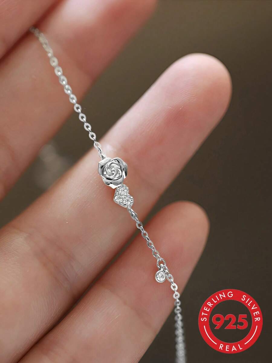 ELSEDES 1 chiếc vòng tay thiết kế hoa hồng bạc S925 thời trang và thanh lịch, phong cách lãng mạn và tối giản với đá quý lấp lánh, món quà hoàn hảo cho bạn gái, thích hợp để đeo hàng ngày và hẹn hò - Bạch kim - Xem 1