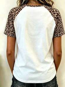 Camiseta de manga raglán de cuello redondo con estampado de leopardo y parches, de estilo casual de verano - Multicolor - Ver 2