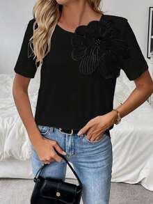 Camiseta de manga corta con apliques florales para mujer, camisetas gráficas para verano - Negro - Ver 5