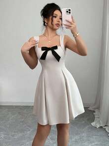 Nuevo vestido de verano elegante y romántico con contraste de color, lazo en la cintura y silueta ajustada de línea A, ideal para bodas y fiestas - Albaricoque - Ver 2