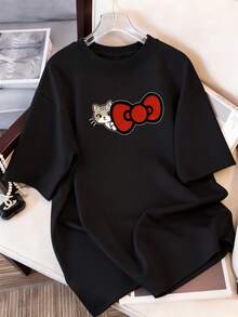 Women's round neck short sleeved T-shirt with kitten and red bow print, black casual top T-shirt, street style, suitable for home, office, outdoor activities, soft material that fits the skin, good breathability, 100% cotton - Negro - Ver 2