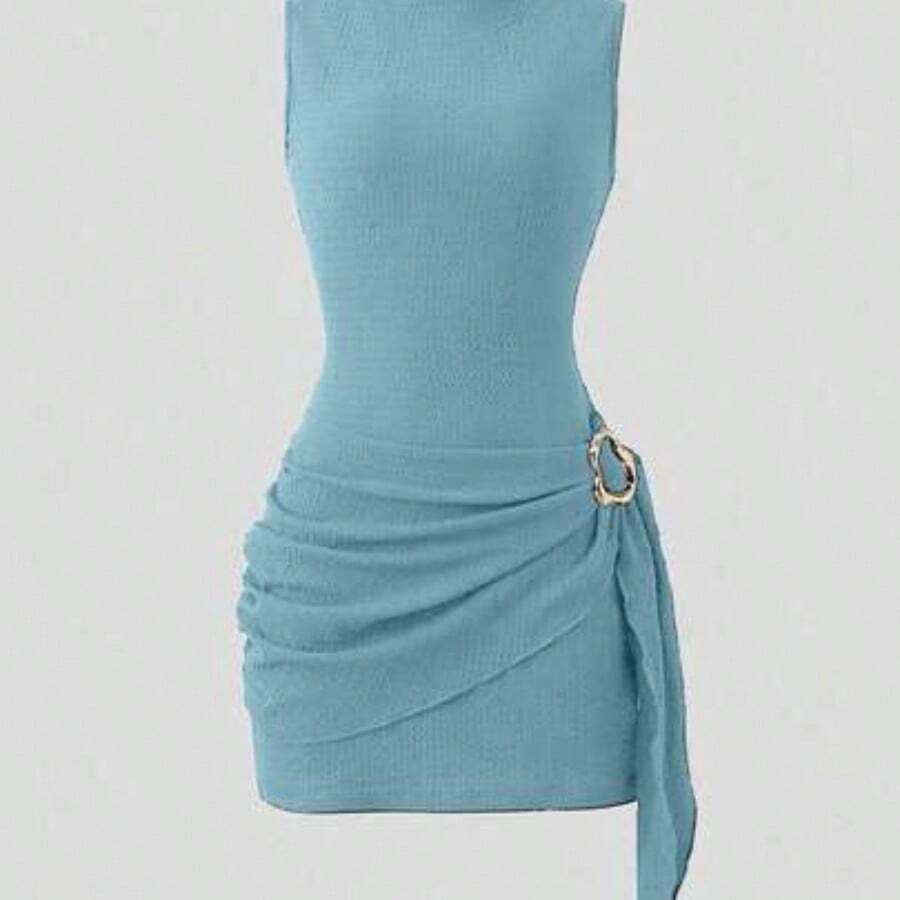 guangzhougaolangshangmao Nuevo vestido elegante y sexy de primavera/verano para citas, de cuello alto, con hebilla metálica, fruncido y sin mangas, de silueta ajustada para mujeres - Azul - Ver 1