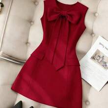 guangzhougaolangshangmao   Vestido de mujer de unicolor, cuello redondo, ajustado, con lazo delantero y sin mangas - Rojo - Ver 2