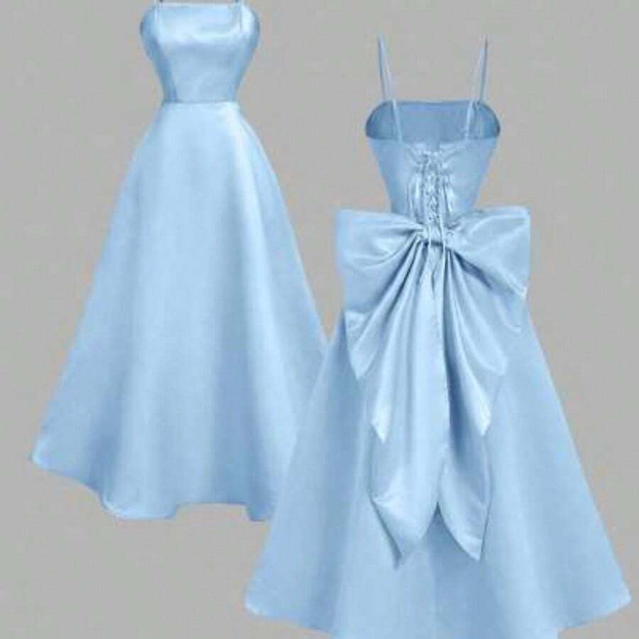 guangzhougaolangshangmao MOD Vestido midi de satén con lazo y espalda descubierta en color albaricoque - Azul - Ver 1