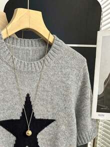 Nueva llegada Primavera/Verano Estilo coreano Casual Suelta Personalizada Blusa de punto de mujer a rayas de color contrastante - Gris - Ver 4