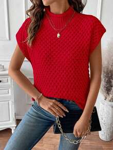 Suéter de punto de cuello redondo sin mangas de textura romántica roja elegante para el Día de San Valentín - Rojo - Ver 7