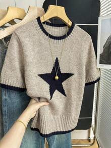 Nueva llegada Primavera/Verano Estilo coreano Casual Suelta Personalizada Blusa de punto de mujer a rayas de color contrastante - Caqui 3 - Ver 3