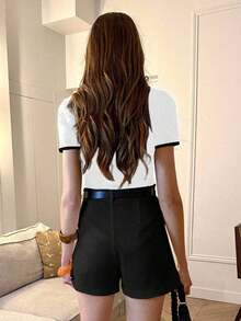 Camiseta de mujer con cuello polo y bloques de color, camisas polo de primavera/verano para mujer, tops con estilo preppy, camisa polo con ribete de contraste - Blanco - Ver 2
