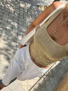Camiseta sin mangas de punto con cuello cuadrado brillante y estilo Y2K sexy y lindo para mujer, ideal para uso casual, al aire libre, citas, diario, calle, viajes, vacaciones, festivales de música, festivales rurales, color dorado claro para verano - Dorado 2 - Ver 4
