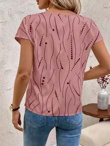 Blusa de mujer con detalles de rayas de contraste y calados, top de manga corta - Rosa 2 - Ver 2