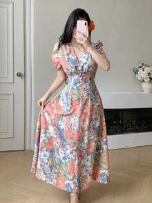 Vestido de mujer de ajuste ceñido con cuello cruzado, botones de perlas y mangas abullonadas - Verde - Ver 11