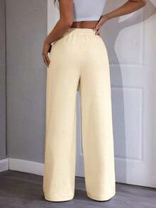 Pantalones de chándal de mujer de punto de unicolor, cómodos y casuales con pierna ancha - Albaricoque - Ver 2