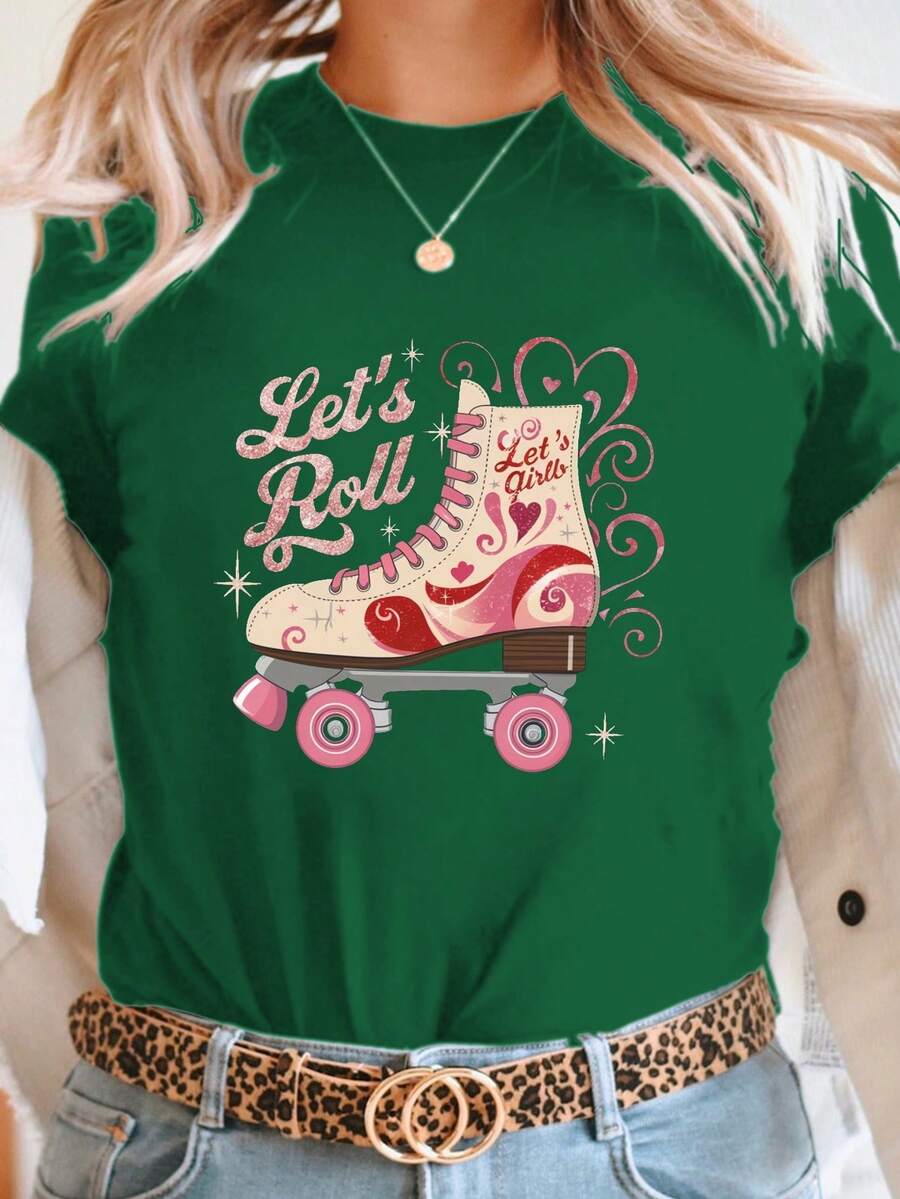 Talla grande - talla extra grande - camiseta de mujer, hecha de algodón puro, tela ligera y transpirable, diseño de cuello redondo, diseño estampado, corte de manga corta, adecuada para primavera y verano. - Verde - Ver 1