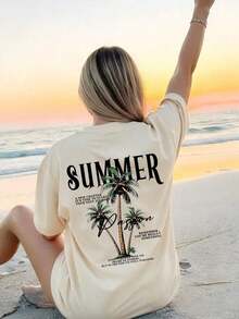 Nueva Camiseta de Verano para Mujer, Casual, de Cuello Redondo, Color Camel, Manga Corta, con Estampado Minimalista de Cocotero y la Letra "SUMMER", Versátil y a la Moda, Adecuada para el Ocio Diario y Vacaciones de Primavera. - Albaricoque - Ver 6