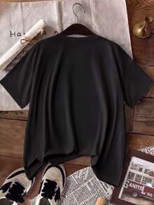 Women's Casual Summer T-Shirt, Round Neck, Short Sleeve, Polyester, Regular Fit, With Heart Print, Ideal For Lounging At Home, Parties And Casual Wear. - 黑色 - 查看 3