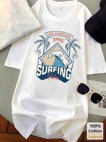 100% Cotton. 1 Pack. Suitable For Women's Y2K Wave Print Short-Sleeved T-Shirt, Medium Length, Elegant And Perfect For Summer Holidays In White. Summer Top. - 白色 - 查看 1