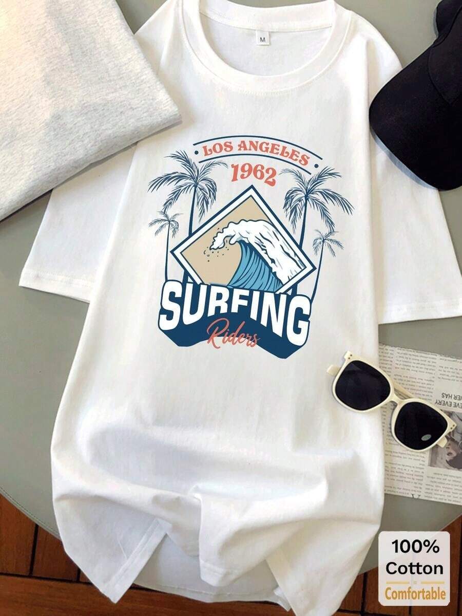100% Cotton. 1 Pack. Suitable For Women's Y2K Wave Print Short-Sleeved T-Shirt, Medium Length, Elegant And Perfect For Summer Holidays In White. Summer Top. - 白色 - 查看 1