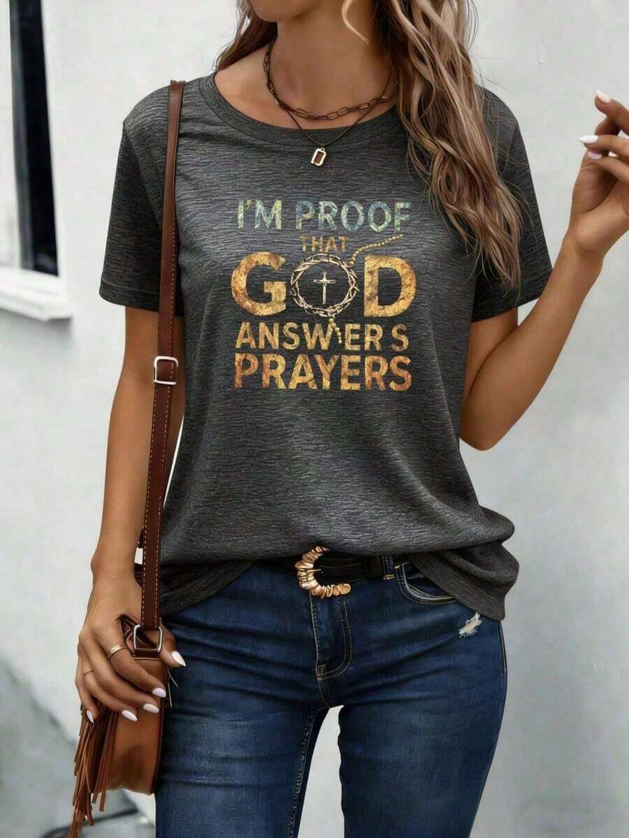 Soy prueba de que Dios responde a las oraciones - Camiseta de manga corta con estampado de cruz – Camiseta gráfica inspiradora de fe cristiana para mujeres, suéter casual con diseño de cruz religiosa, tela suave, transpirable y de elasticidad media, lavable a máquina, perfecta para uso diario, iglesia, estudio bíblico o para relajarse en primavera, verano y otoño. - Gris - Ver 1