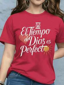 Women's Graphic Print T-Shirt Blouse, Casual Style, Love Print, Couples, Heart, February, Regular Fit, Soft Material, Crew Neck, Short Sleeves, Everyday Wear, Day Or Night, Street Style, Home, Comfortable, Cool, Lightweight, Modern, Youthful, Urban Aesthetic, Spring, Summer, Beach, Heat, Y2K, Feminine, Religious Phrase, God's Timing Is Perfect, Christian Lettering, Heart - 紅色配白色 - 查看 4
