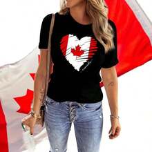 Women's Casual Cotton T-Shirt With Canadian Flag And Heart Print, Short Sleeve, Round Neck, Drop Shoulder, Cute Summer Garment With Slightly Stretchy Fabric - 黑色 4 - 查看 4