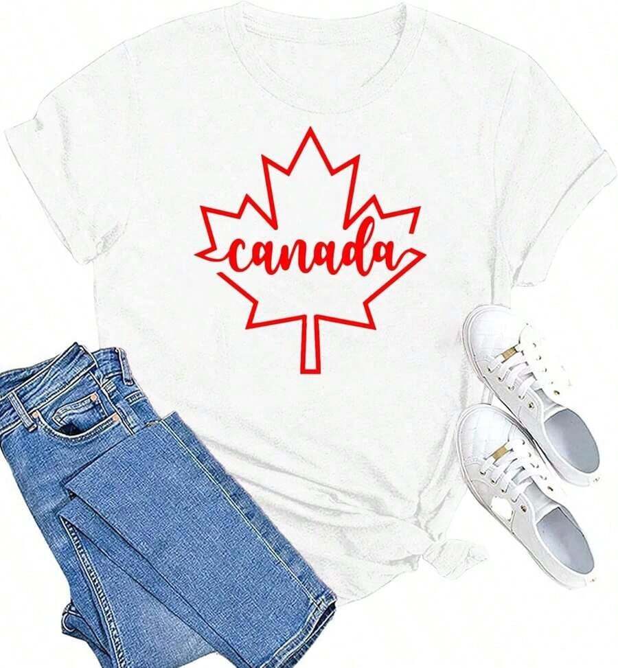 Women's Casual Cotton T-Shirt With Canadian Flag And Heart Print, Short Sleeve, Round Neck, Drop Shoulder, Cute Summer Garment With Slightly Stretchy Fabric - 白色 2 - 查看 1