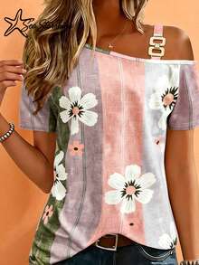 New Fashion Contrast Color Floral Print Off Shoulder Blouse For Women Vacation Summer - Green - View 3