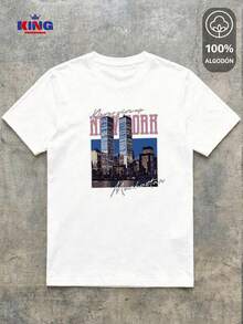 King T-shirt Playera 100% algodón de excelente calidad, esta playera garantiza una suavidad excepcional al tacto, cuello redondo con estampado "New York Manhattan Vintage Skyline" y manga corta - Blanco - Ver 2