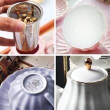 Juego de Té de Porcelana Serie Real Británica, Tazas y Platillos de 8 OZ, Servicio para 6 Personas, con Tetera, Azucarera, Jarra para Crema, Cucharillas y Colador de Té para Té/Café - Blanco - Ver 9