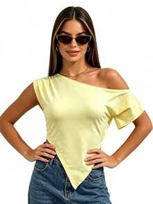 Womens Off One Shoulder Tops Solid Color Slim Fit Short Sleeve Asymmetrical Pointed Hem T-Shirt - Yellow - View 2