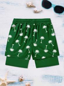 Men's Summer Beach Vacation Style Fun Cartoon Coconut Tree Print Drawstring Waist Inner Pocket Double Layer Beach Shorts - Multicolor - View 3