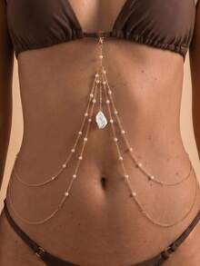 1件多层巴洛克风格不对称珍珠吊坠项链，性感比基尼链，多功能胸链/身体链，女士休闲度假身体饰品，适合海滩、旅行、日常穿搭、约会、派对、假日，成人礼物 - 金色 - 查看 1